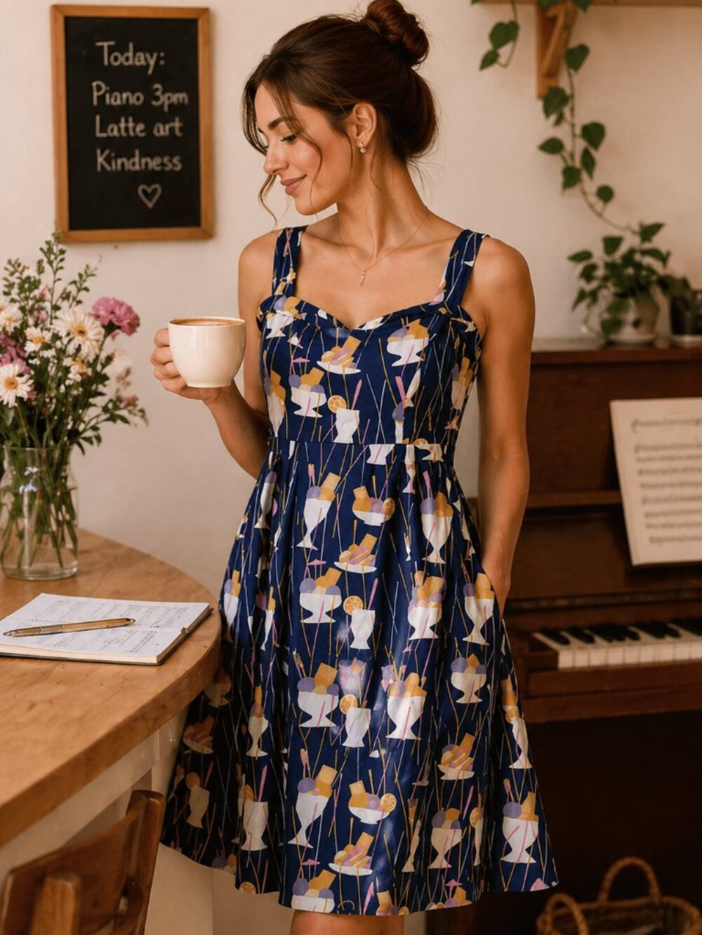 Emily and Fin Navy Ice Cream Print Cotton Dress Pippa Swing Size 10 Lined Midi